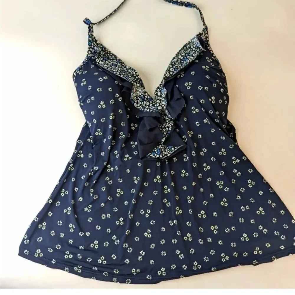 Michael Kors Navy Floral Ruffle Swim Top